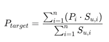 P_target formula: weighted mean of property prices scaled by user interaction score