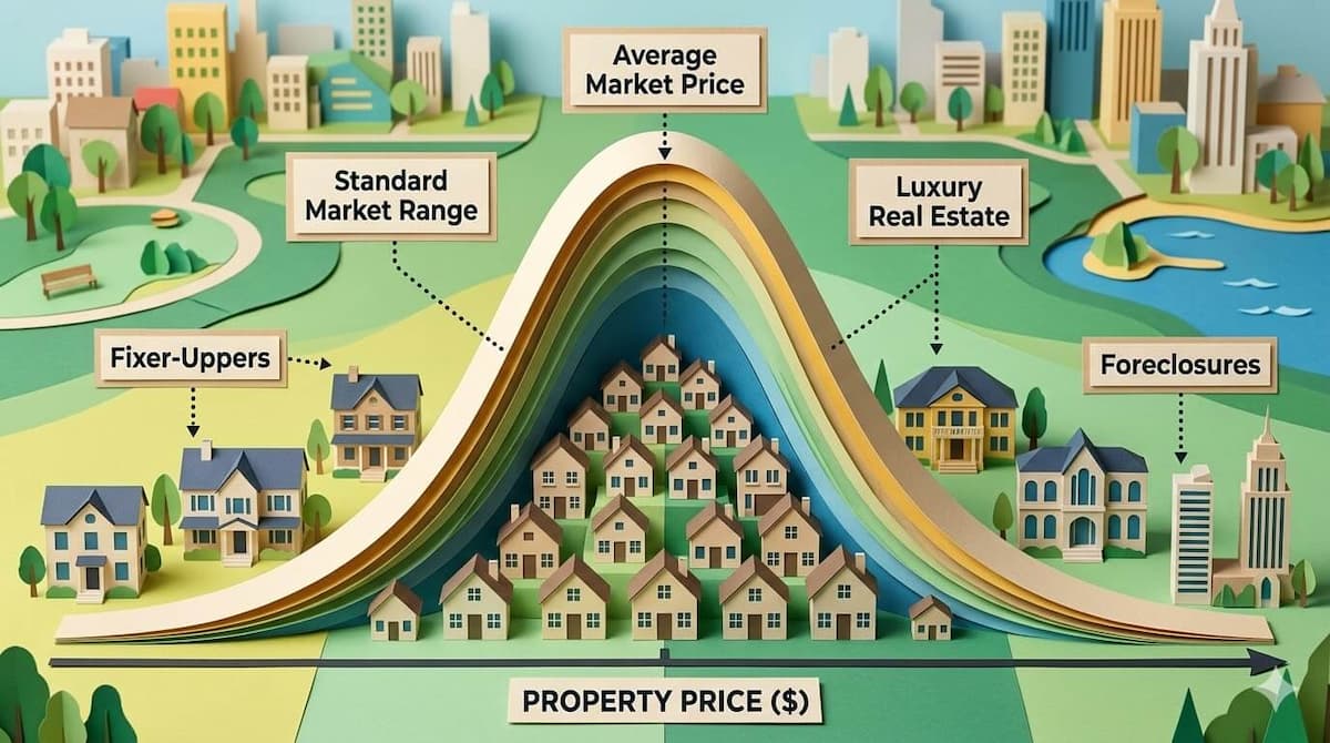 Gaussian distribution of property prices — from fixer-uppers to luxury real estate — used in AI recommendation engine ranking