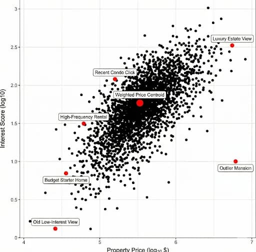 Scatter plot: Interest Score vs Property Price with Weighted Price Centroid for personalized real estate recommendations
