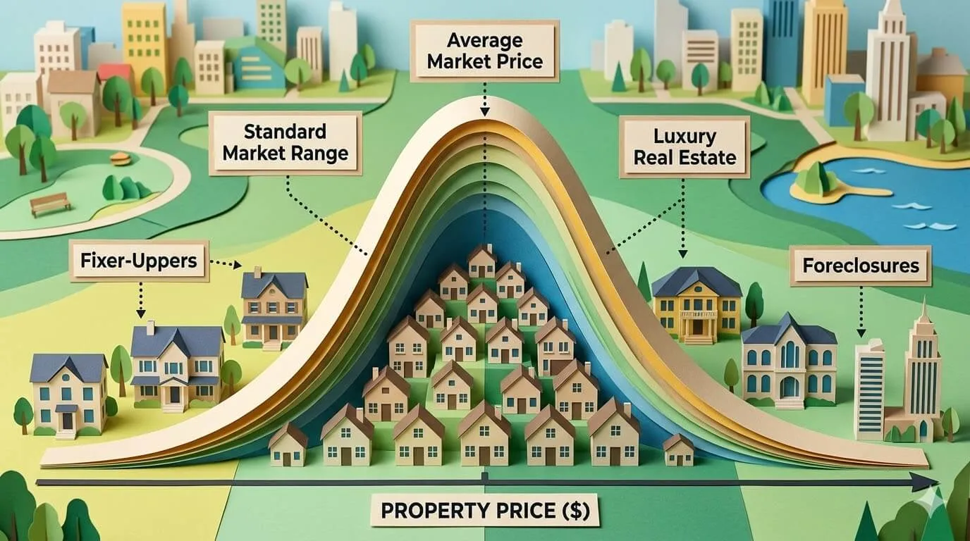 Gaussian distribution of property prices — from fixer-uppers to luxury real estate — used in AI recommendation engine ranking