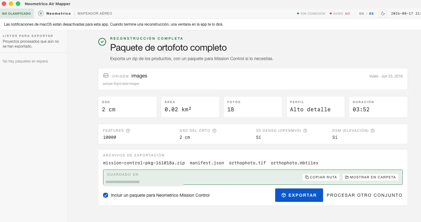 Pantalla de reconstrucción terminada de Neometrico Air Mapper, mostrando GSD, área, cantidad de fotos y opciones de exportación para el paquete ortofoto