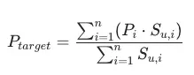 P_target formula: weighted mean of property prices scaled by user interaction score