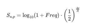 Signal processing formula: S(u,p) = log10(1 + Freq) × (1/2)^(Δt/H)